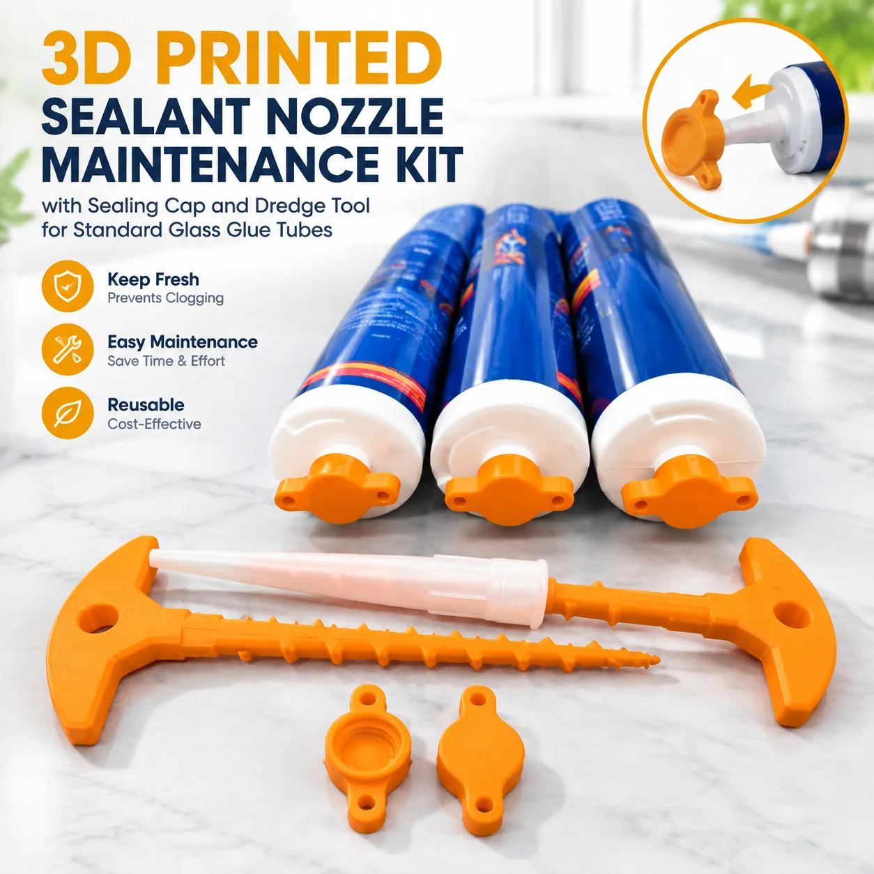 3D Printed Sealant Nozzle Maintenance Kit with Sealing Cap and Dredge Tool for Standard Glass Glue Tubes