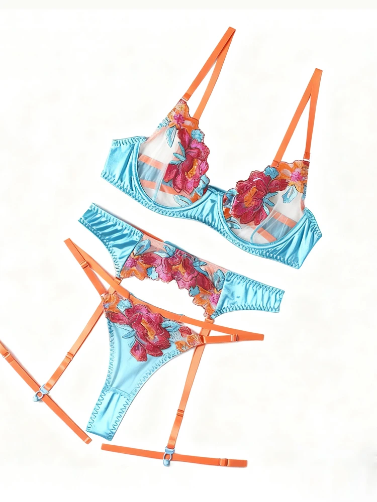 Belamimi حريري 3 قطع التطريز مجموعة الملابس الداخلية الفاخرة الدانتيل الشفاف الساتان ثونغ المتعرية الغريبة الملابس عالية الجودة