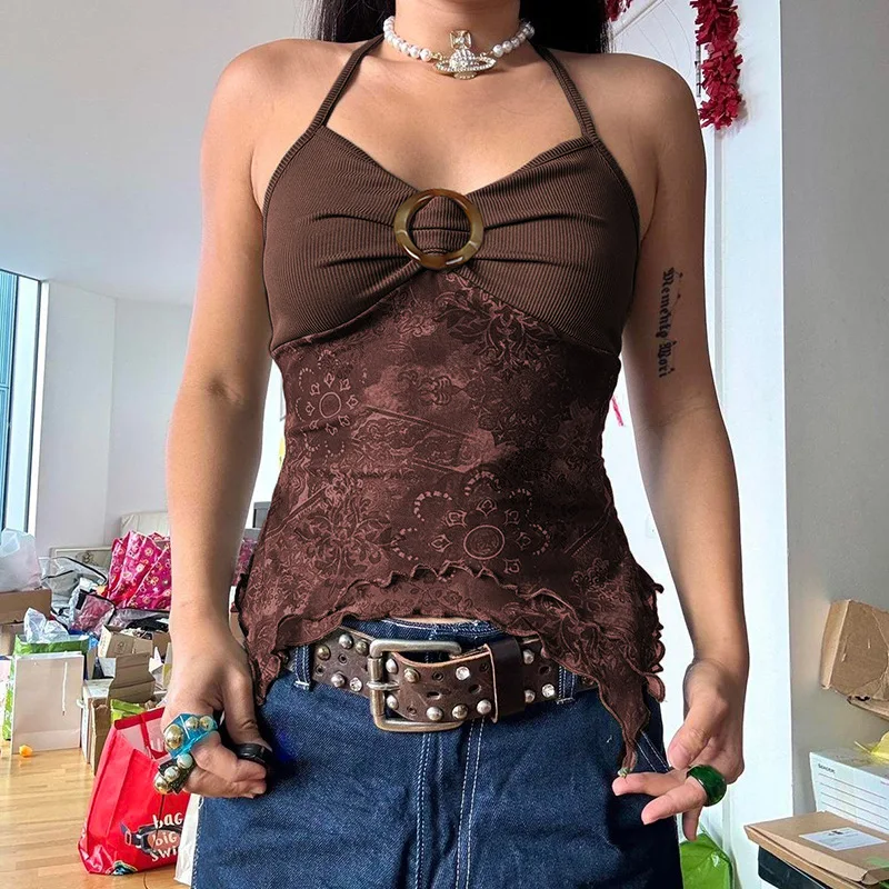 

Vintage Buckle Pleated Hanging Neck Top Women Green Print Backless Slim V-Neck Top Casual Camisole Vest Ethnic Style Streetwear