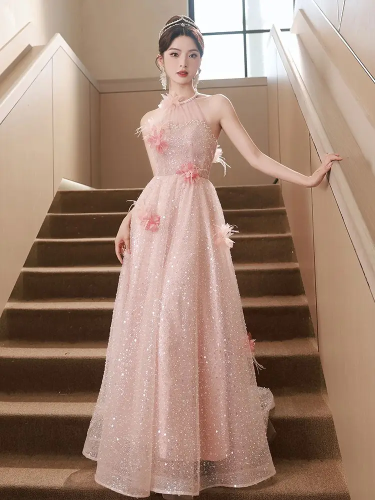 

Pink Evening Gown Women's 2024 New Luxury Small ence Banquet Ele High-End Host Art Exnation Daily Wear