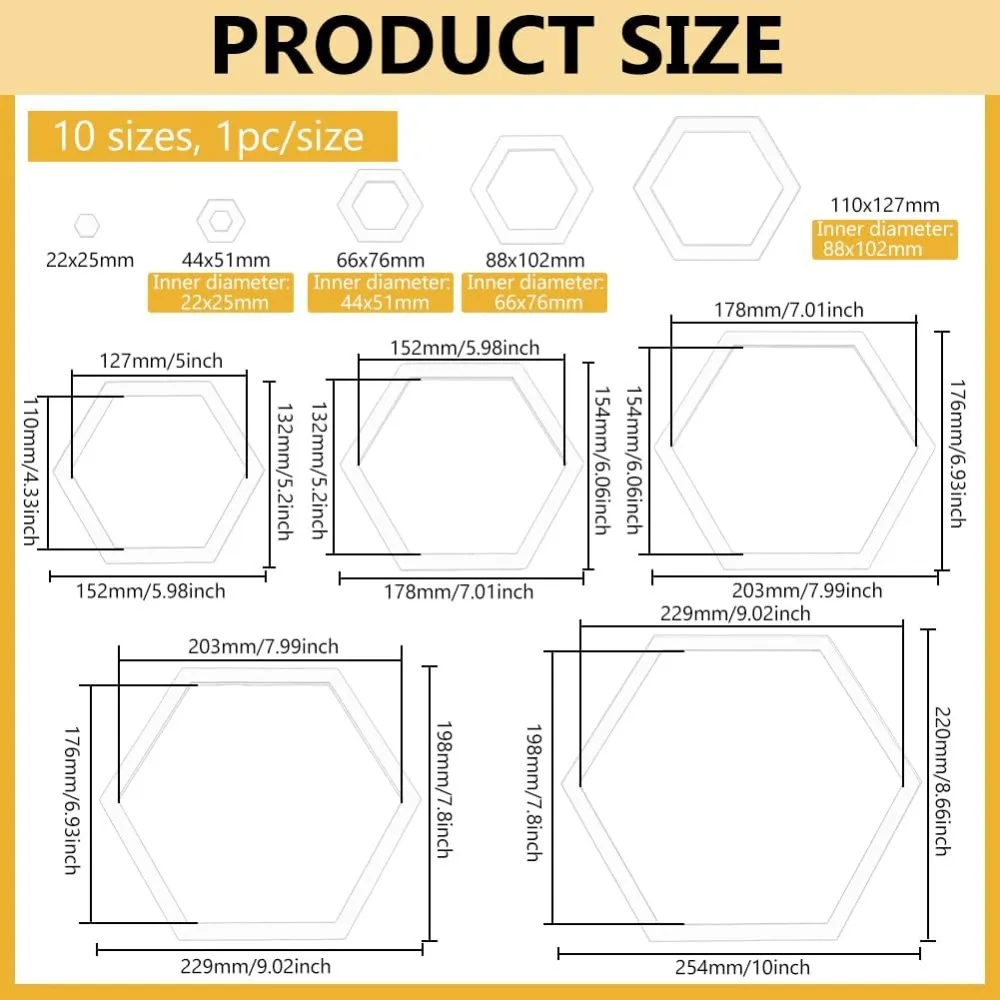 10 Sizes Hexagon Quilting Template Acrylic Intricate Sewing Machine Ruler Transparent Pressure Plate Router Template