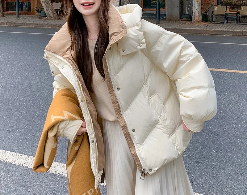 Down and Cotton Jacket Women's Winter New Short Fashionable Loose Hooded Color Blocked Thick Coat