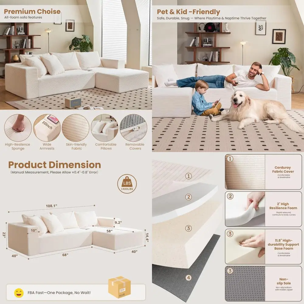 

Угловой диван-секционный гарнитур L-образной формы 108 с оттоманкой, вельветовый диван Cloud, для гостиной, готов к использованию, бежевый, поставляется в коробке