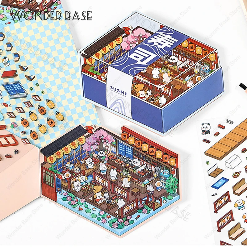 Lindo DIY el mundo en caja de sushi y taza de café pegatina de escena en miniatura jugable pegatinas de paisaje 3D regalo para chico estudiante