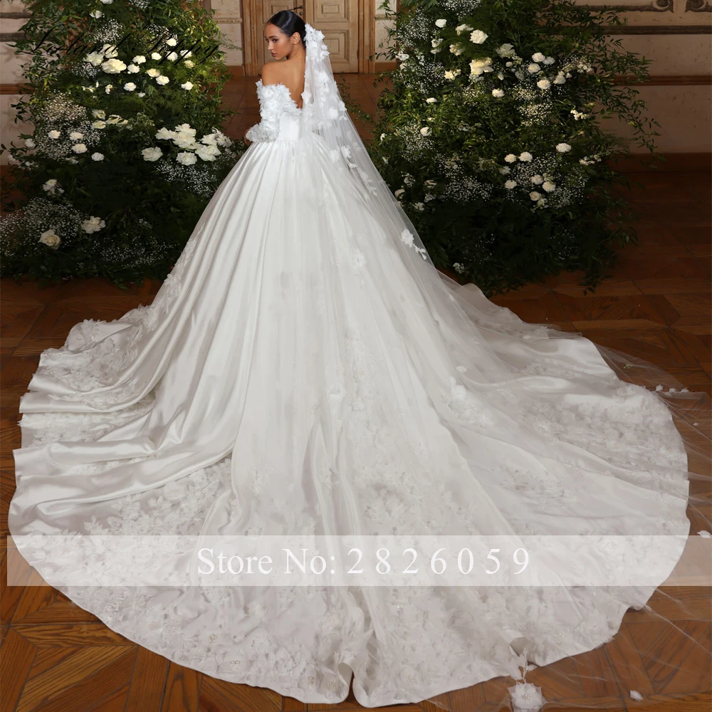 Lceland Poppy Ball Gown Boat Neck Satin Wedding Dresses Full Sleeves 3D Flowers Bridal Gowns with Cathedral Train