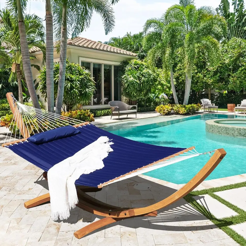 12 T Double Quilted abric Hammock and 13 T Natural Wood Arc Stand, with Spreader Bar, Removable Pillow, 2 Person Hammock or Pool