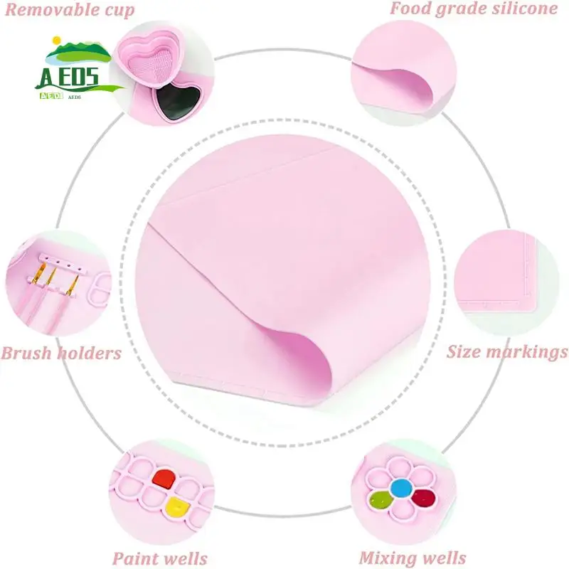 

AED5-Paint Palette,Thick Silicone Craft Mat With Magnetic -Up Water Cup,Large Silicone Mat For Adults And Children