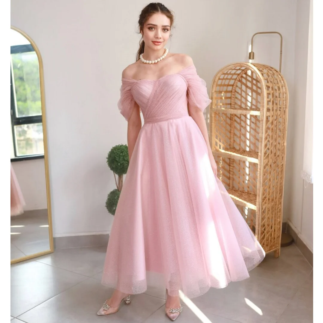 

Off the Shoulder A-line Evening Dresses Tulle Sweetheart Lace Up Tea-Length Party Gowns Sparkly Sequins Pleats Homecoming Dress