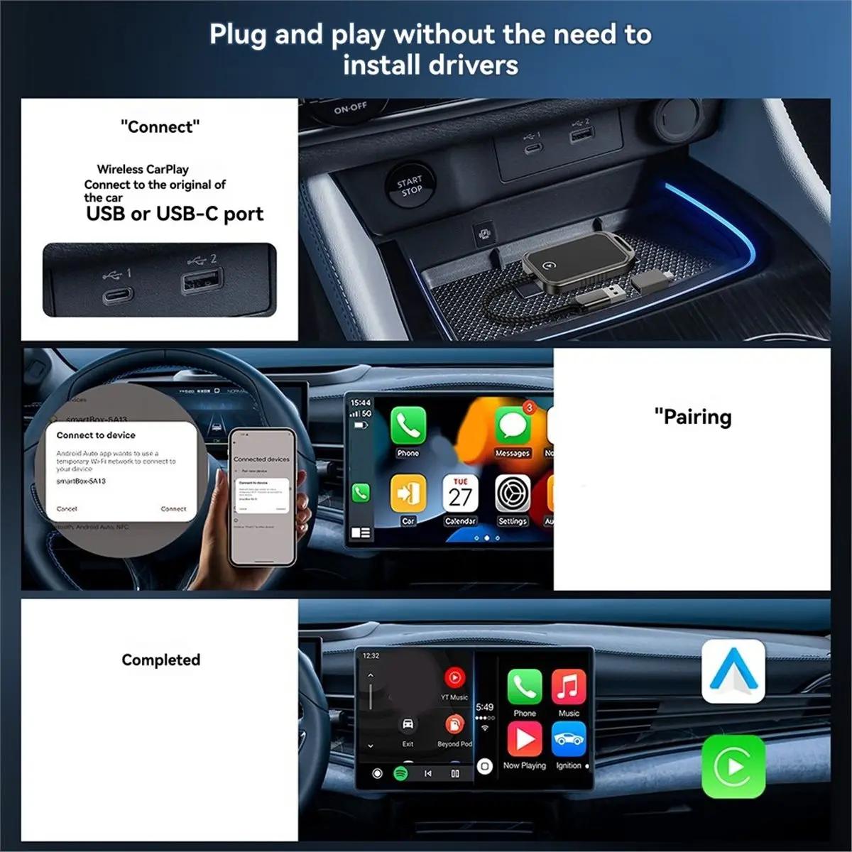 2 in 1 Wired to Wireless Carplay Android Auto Mini Box Dongle Wireless Carplay Adapter for Major Car