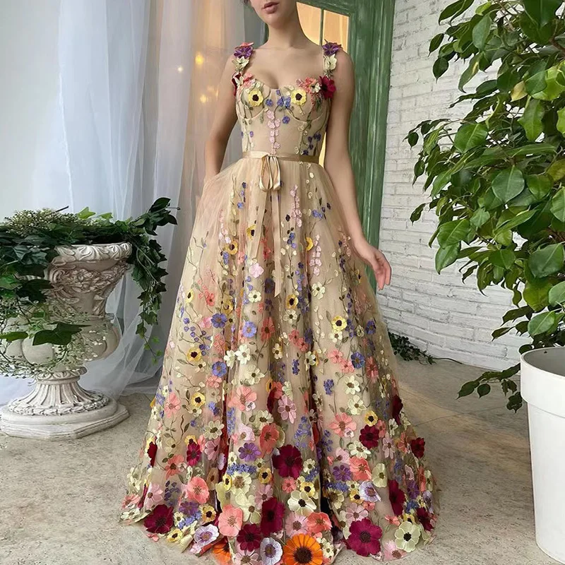 Elegant Evening Dresses For Women 2024 Summer Fashion 3D Flower Embroidery Pastoral Casual Party Dress Saudi Arabia فساتين سهرة