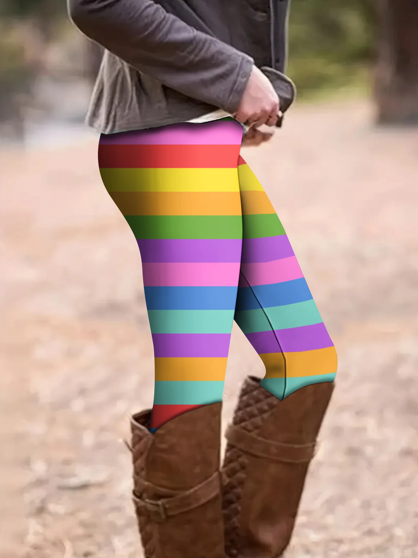 MSIEESO Fashion Leggings Women Rainbow Striped Splicing Legging Elastic Waist Pocket Yoga Pants Jogging Fitness Sportswear