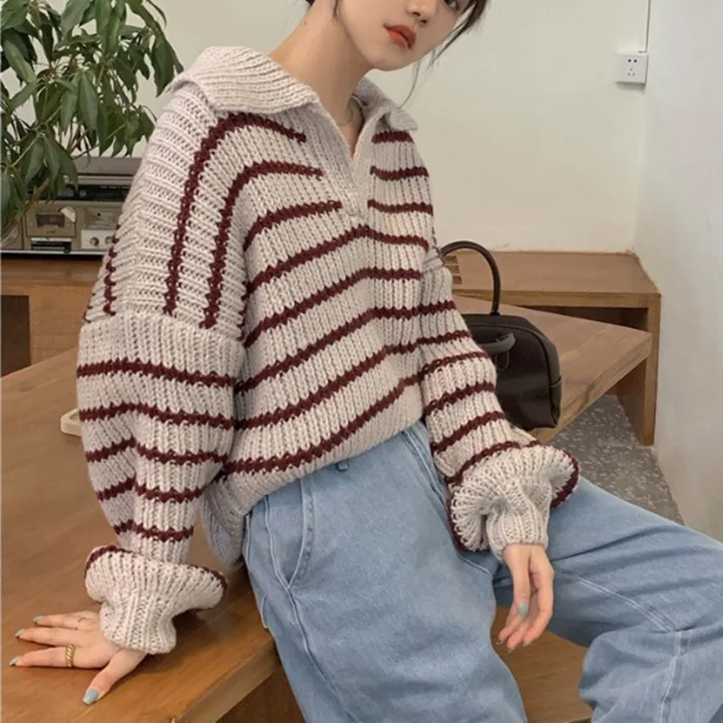 

Трикотаж, новый вязаный свитер с длинными рукавами, женские пуловеры, свободный полосатый вязаный свитер с отложным воротником, пуловер, женские топы