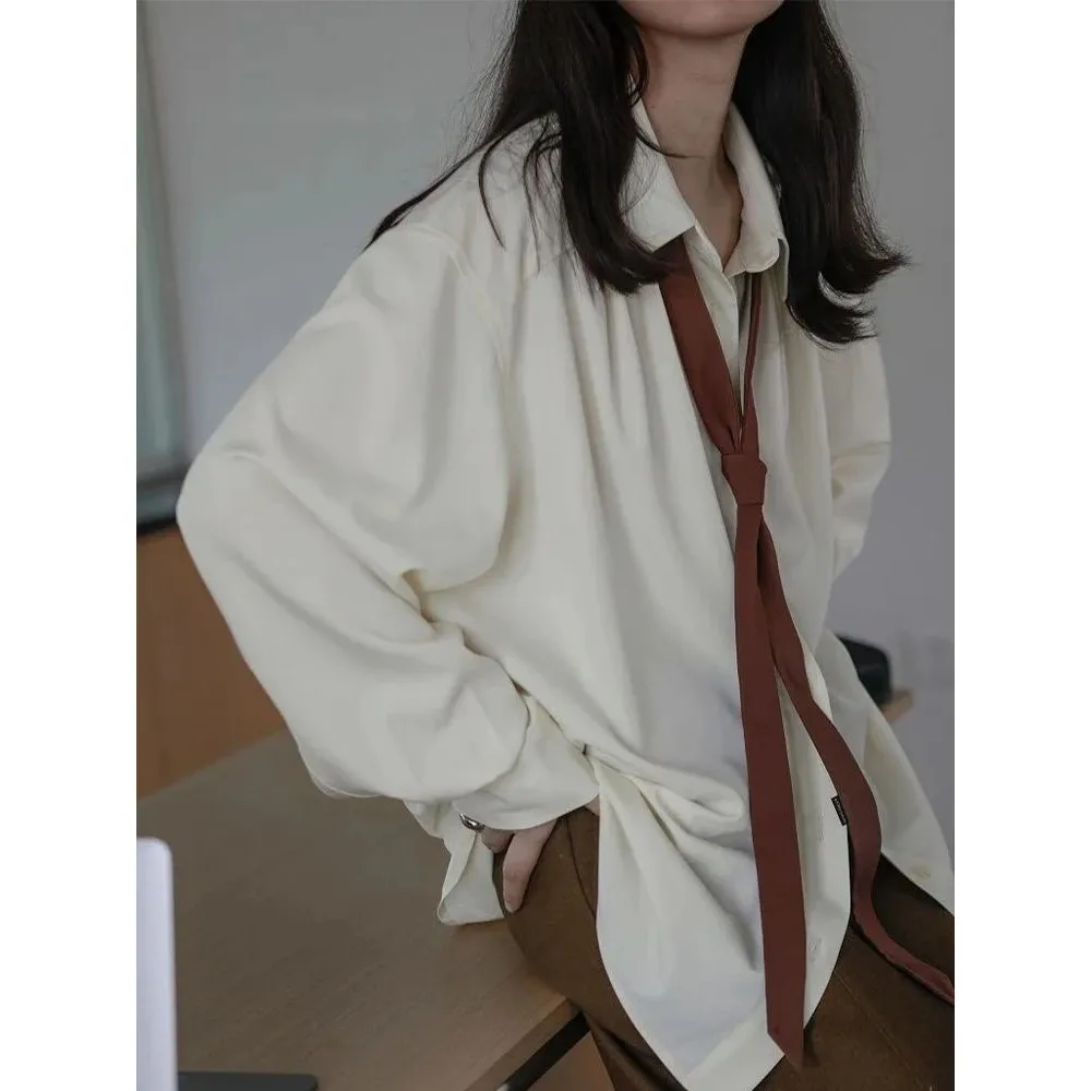 

Autumn Long Sleeve Button up Shirt Women Korean Style Cleanfit Collar PU Leather Fabric Waist Cinched Shirt