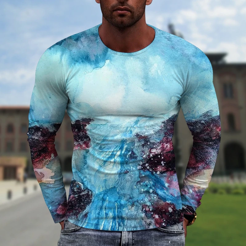 Visual Illusions 3D Printed Summer Men's Round Neck T-shirt Casual Long Sleeve Oversized T Shirt Fashion Pullover Men Clothing