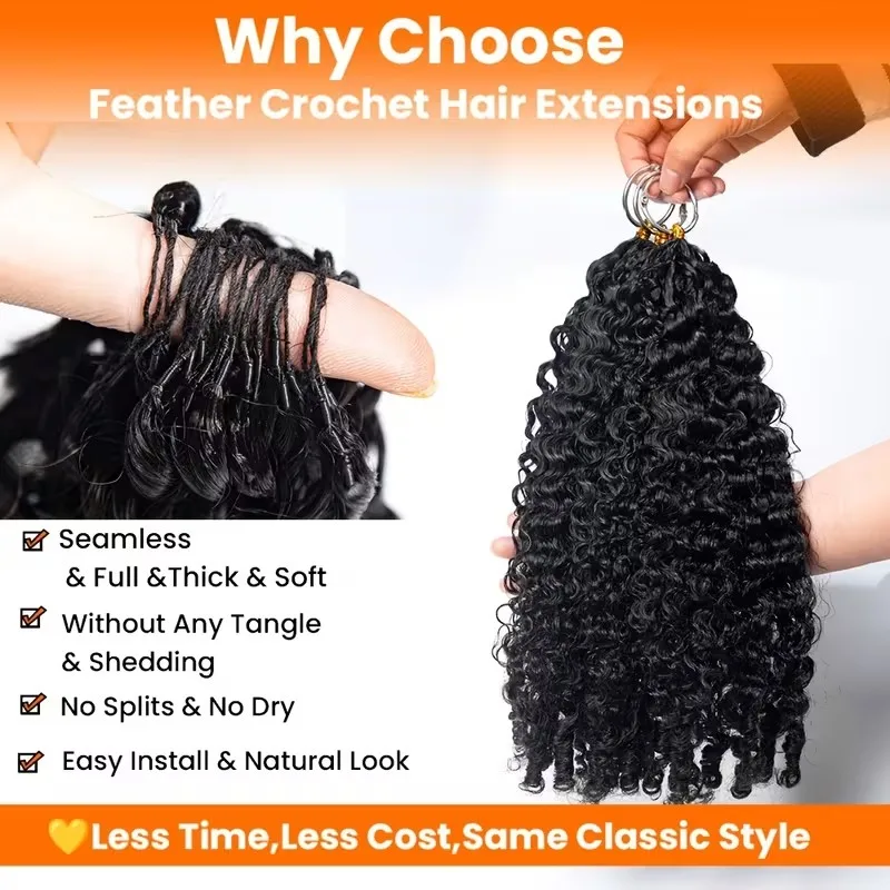 Burmese Curly Hair Crochet Bundles 18 Inch Pre-Separated Feather Crochet Hair Wet and Wavy 1PCS 60G Invisible Natural Black Miracle Knots Hair Deep Wave Pre-Separate Feather Crochet Bulk And Braiding Hair Extensions