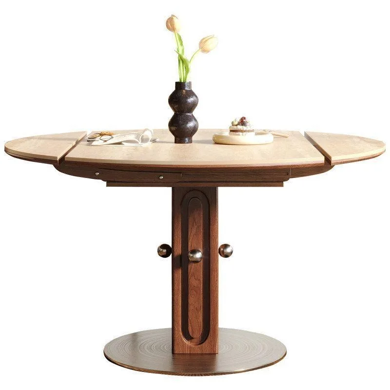 Medieval travertine rock slab dining table, telescopic folding household small apartment Bauhaus round simple solid wood dining