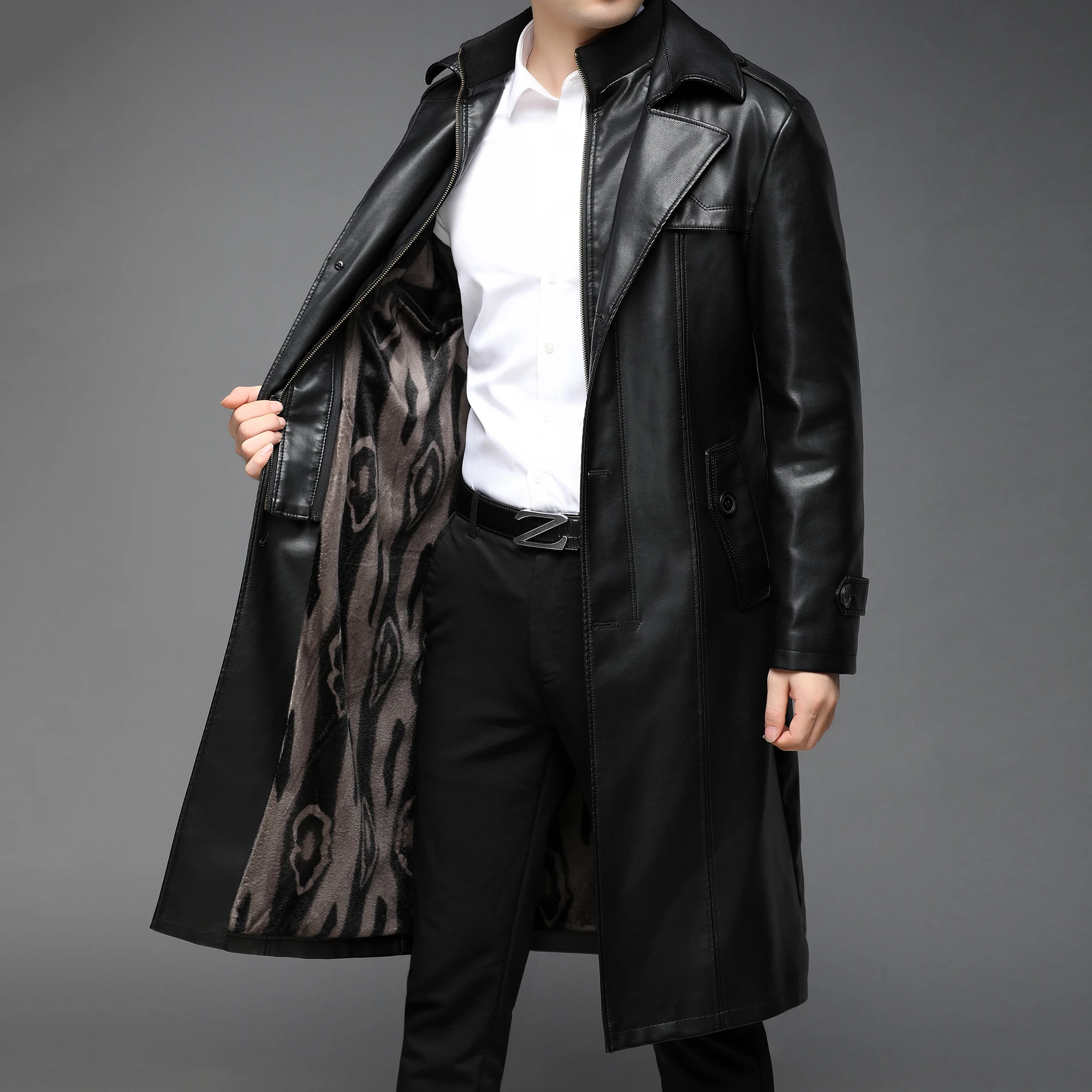 2024 winter high quality trench coat men,men\'s Slim Fit Faux leather jackets,mens thicken warm coat size S-5XL