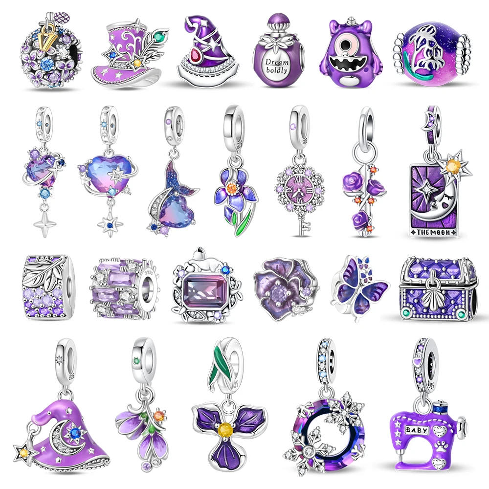 Charm de Plata de Ley 925 de la Serie Púrpura con Lirio de los Valles, Rosa, Sombrero de Sirena y Sombrero de Bruja, Compatible con Pulseras y Collares DIY, Regalos Encantadores
