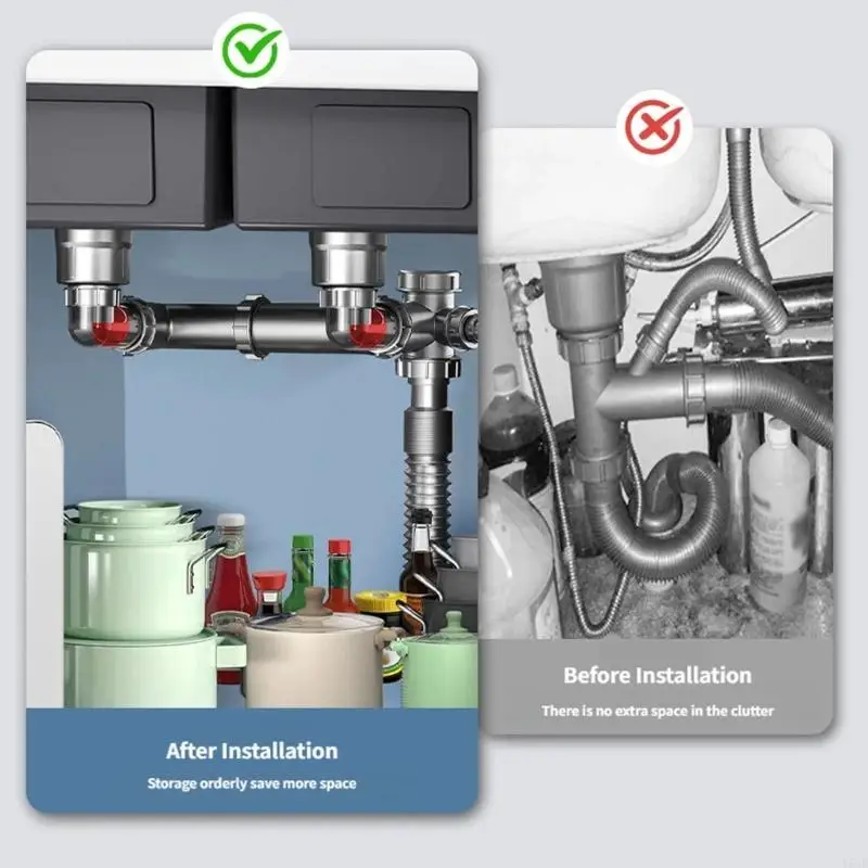 Steel Double Sink Kitchen Drain Pipe Set Corrosion Resistant & Easy to Install Drainages System for Efficient Water Flows Y5GB