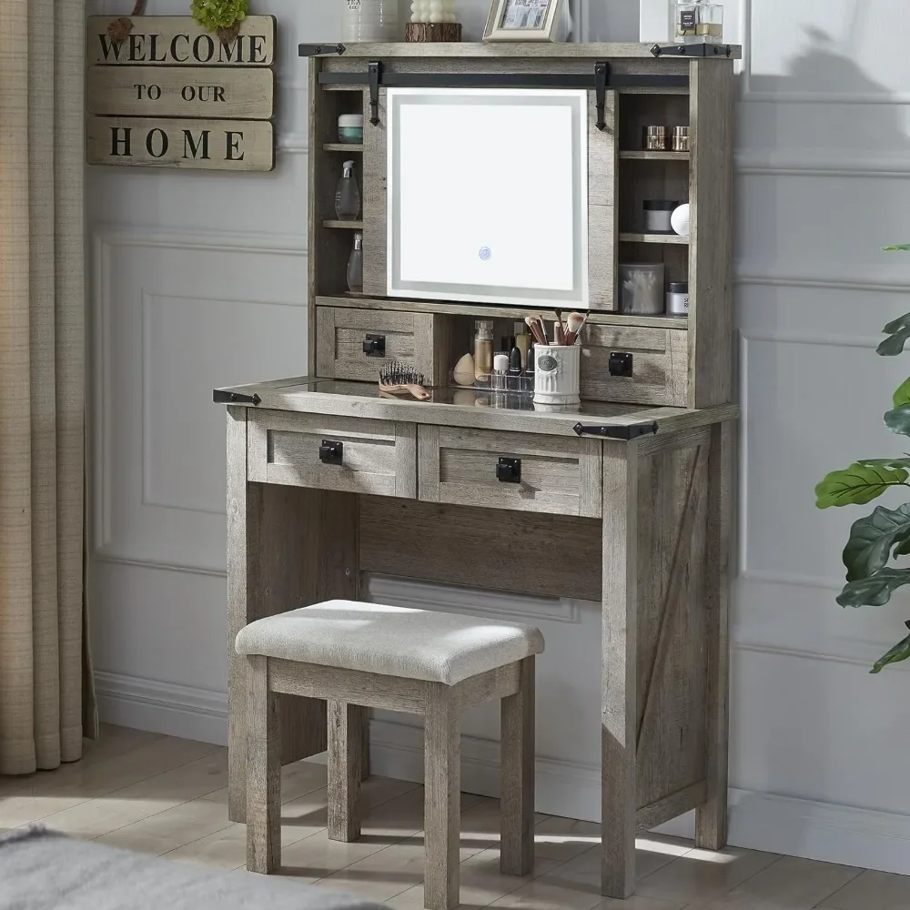 Vanity Desk with Sliding Mirror and Lights, Glass Tabletop Vanity Dressing Table with Drawers & Shelves, Vanity Desk