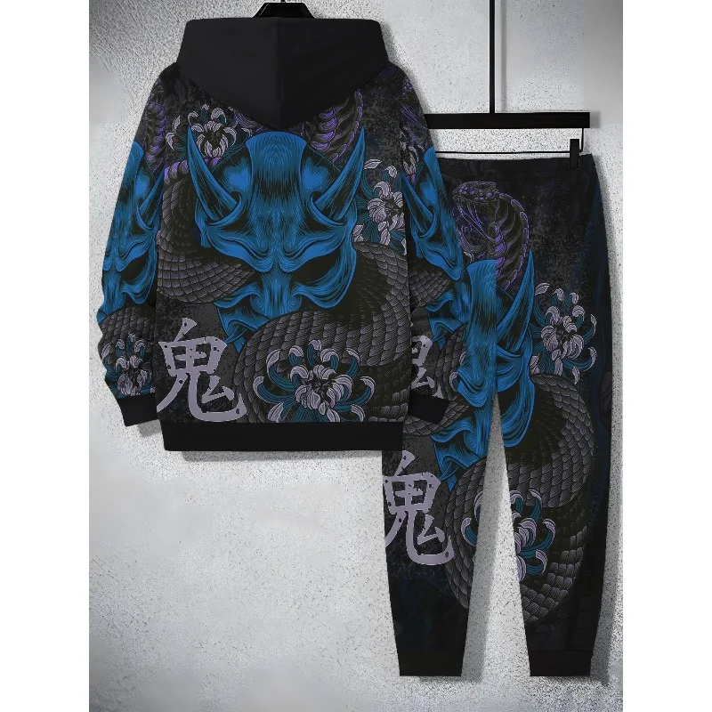 2025 Conjunto de sudadera con capucha de moda para hombre, pantalones con capucha de dos piezas, elementos impresos en 3D de estilo deportivo