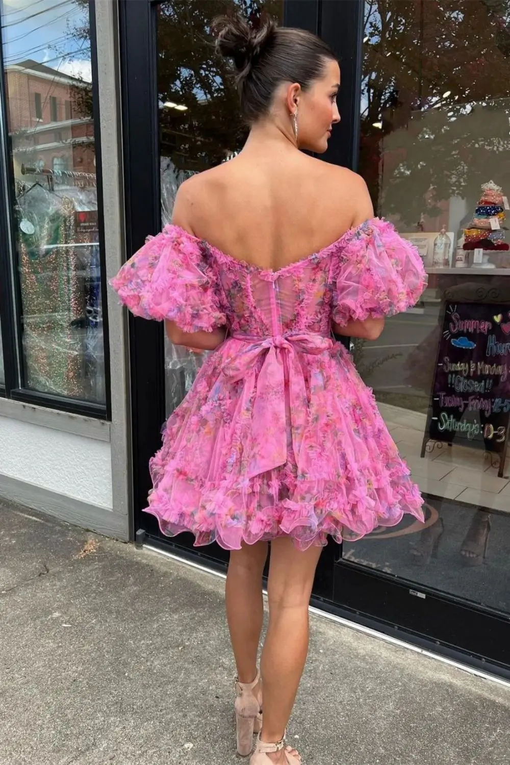 Printed Ruffled Short Lantern Sleeves And Transparent Corset Homecoming Dress With Multiple Colors To Choose From Made To Measur