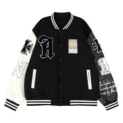 Men's Plush Inner Bomber Jackets Loose Wool+Leather Varsity Baseball Coats Vintage Graphic Embroidery Jacket For Fall&Winter