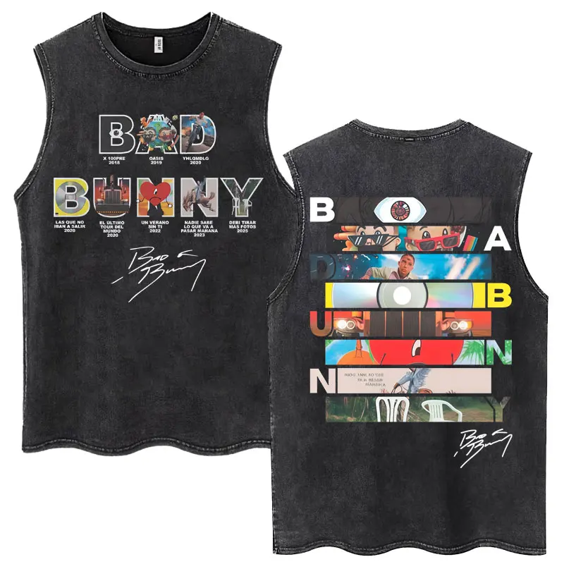 Débardeurs Washed Rapper Bad Bunny Album Debi Tirar Mas Fotos DTMF 2026 – Gilets en Coton Tendance Hip Hop Sans Manches pour Hommes et Femmes
