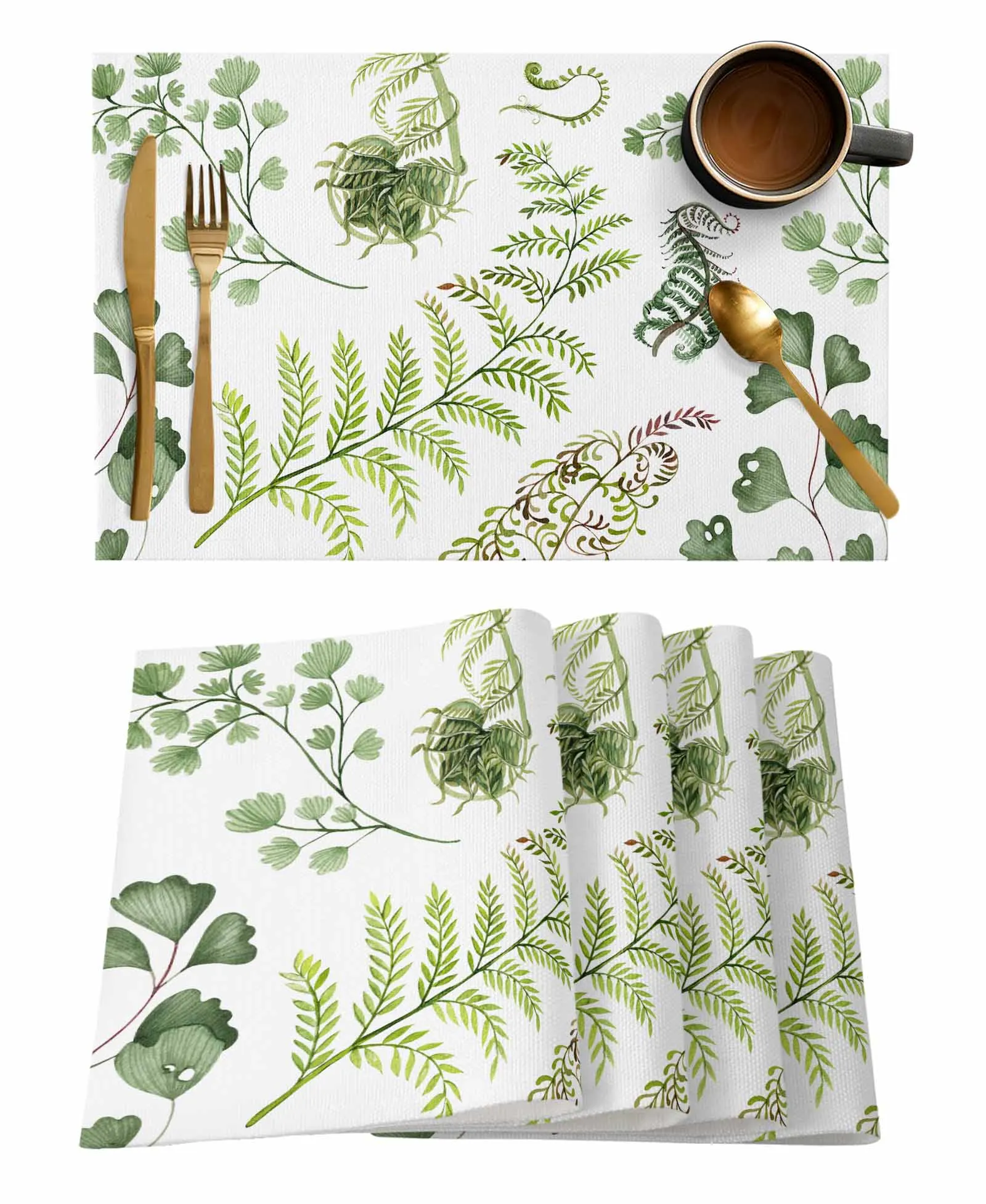 Green Fern Texture Kitchen Dining Table Decor Accessories 4/6pcs Placemat Heat Resistant Tableware Mat