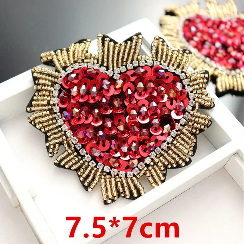 Red Heart Beads Patch Sequins Applique DIY T-shirt Jacket Coat Sweater Sew On Bag Decoration Patches