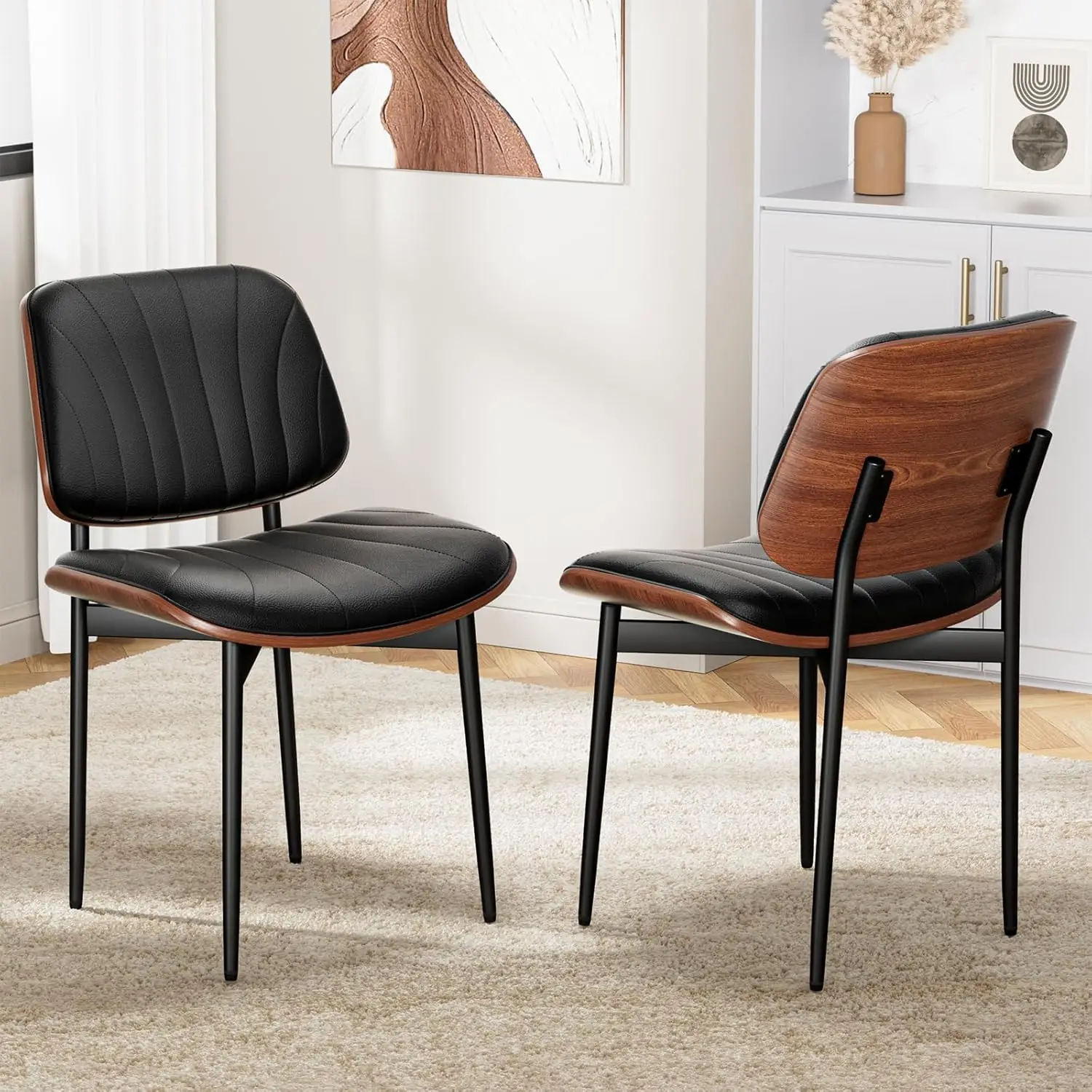 Dining Chairs Set of 2, Mid-Century Modern Upholstered PU Leather Chairs with Walnut Bentwood Back