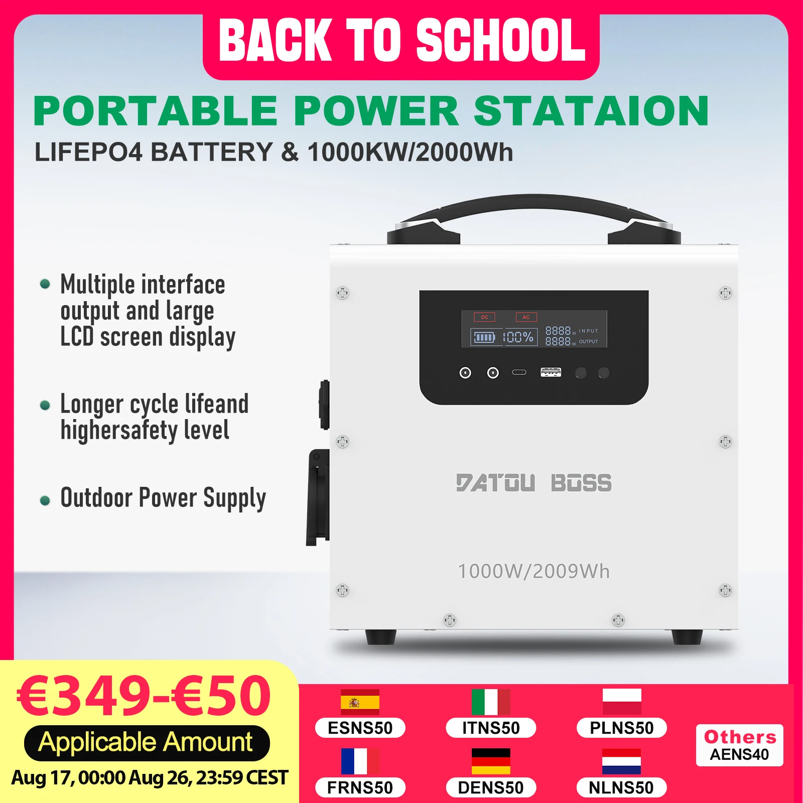 DATOUBOSS 1000KW/2000Wh Tragbare Powerstation mit LiFePO4-Akku, 6000 Zyklen, zwei EU-Steckdosen, Display, Type-C- und USB-Schnittstelle für den Einsatz im Freien