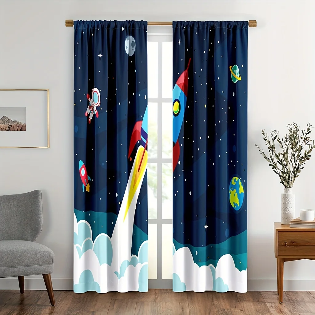 2PCS Cartoon Rocket Curtains Boys Girls Galaxy Rocket  Astronaut Rod Pocket Window Treatments Blue Curtain.