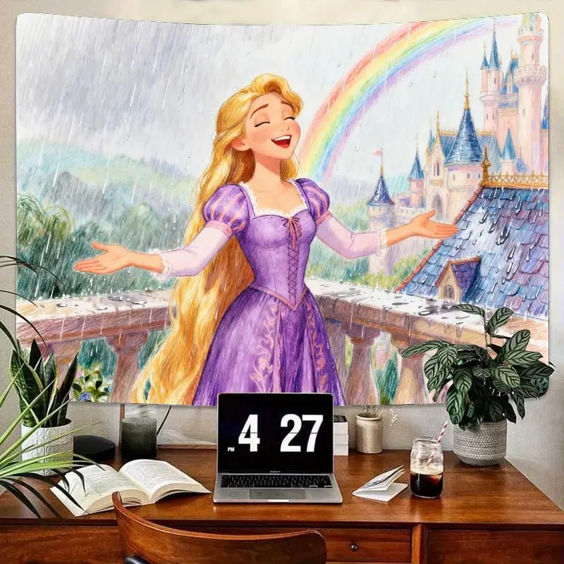 

1 шт. гобелен принцессы Рапунцель Диснея, современное настенное искусство из полиэстера, дизайн радужного замка, декор для гостиной, спальни, подарок для фанатов