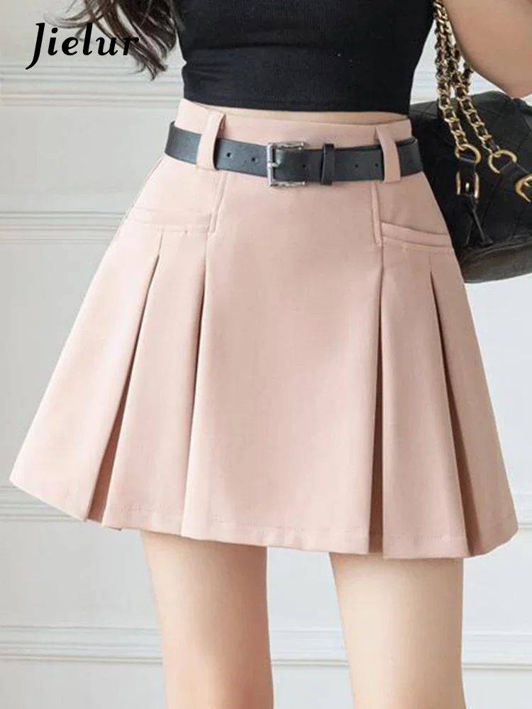 

Jielur Pleated High Waist A-Line Suit Skirt New Belt Solid Color Simple Casual Women Skirts Pink Black Fashion Female Mini Skirt