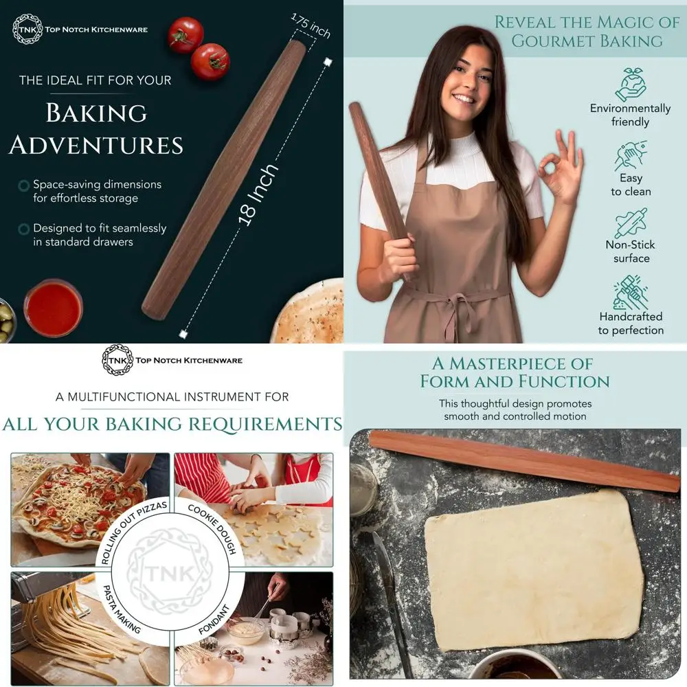 

Premium Mahogany French Rolling Pin - Non-Slip, Tapered Wood for Expert Baking at Home or Pro Kitchens