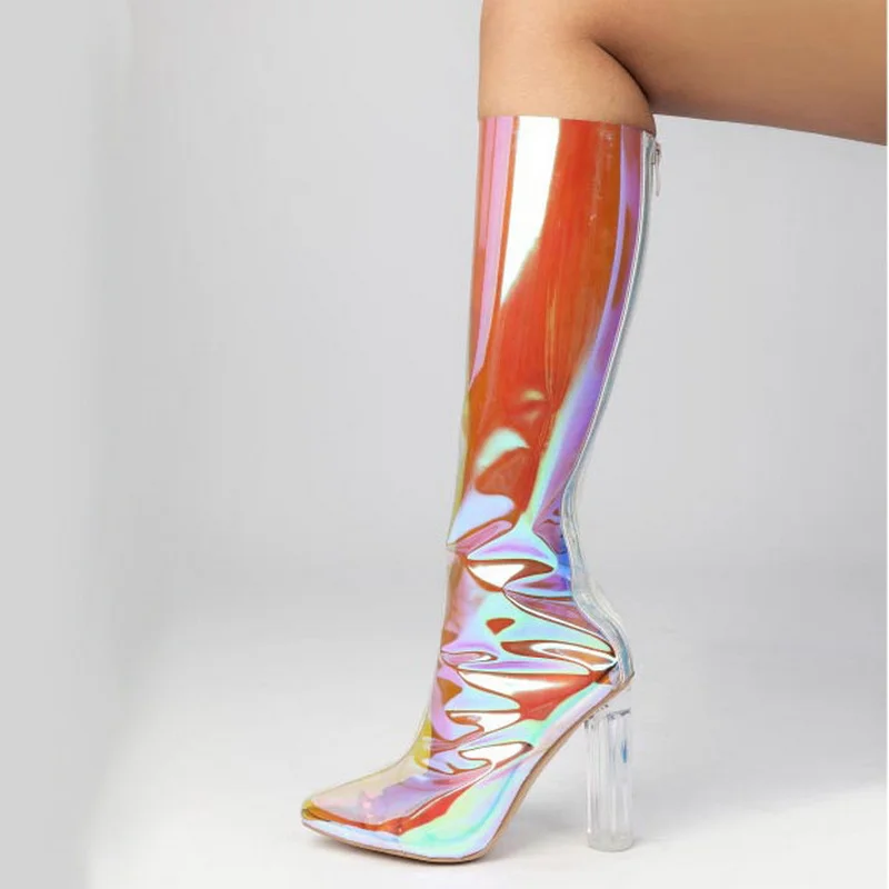 CACA 11cm High Heels Women Knee High Boots,Transparent PVC Long Botas,Fetish Stage Show Dance Shoes,Pointed Toe,Black,Dropship