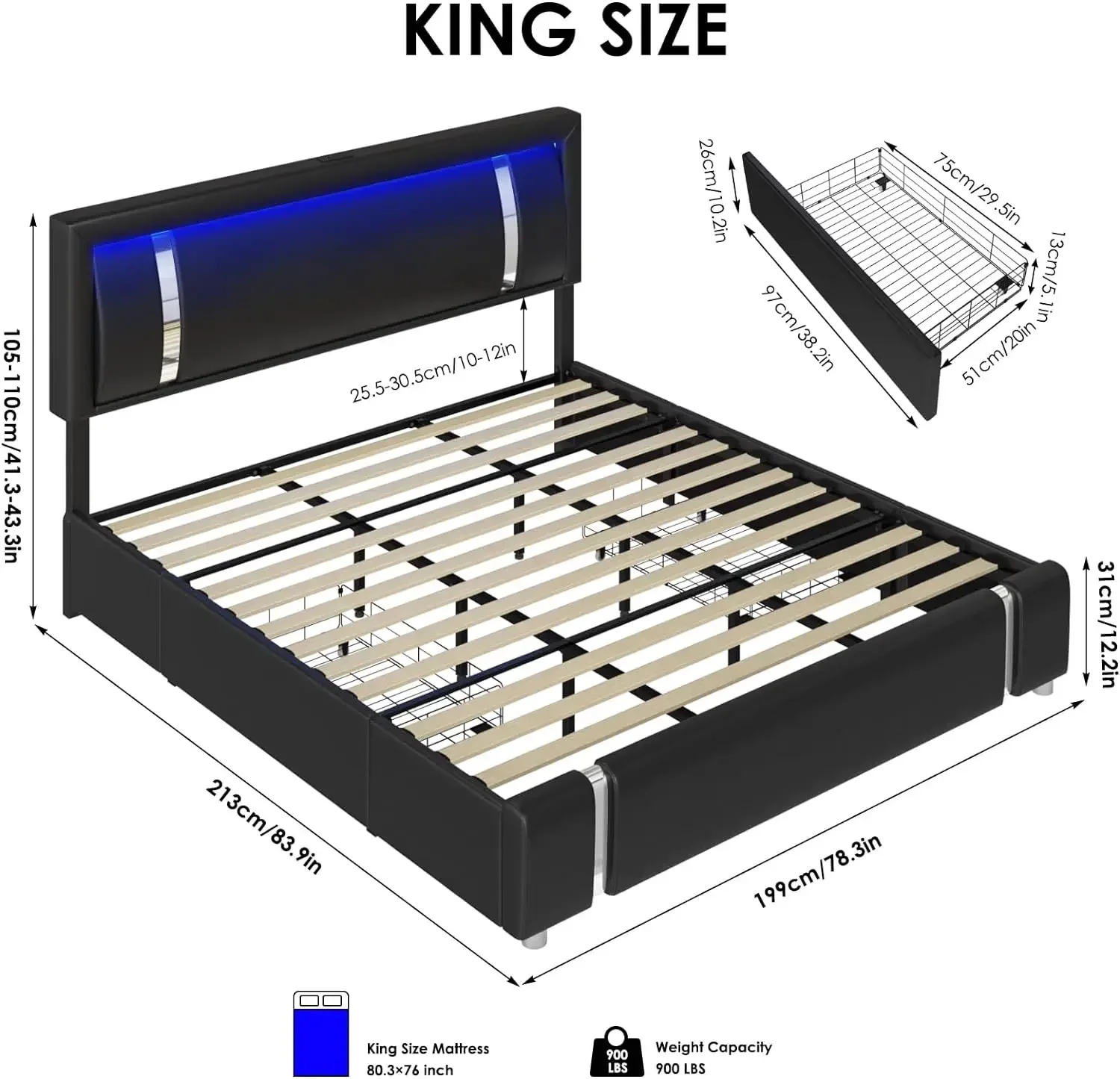 King Size Bed Frame with RGB LED Lights & 2 Storage Drawers, Modern Upholstered Platform Bed with Iron Metal Decor