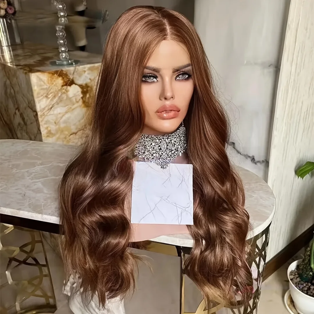 

Длинный, мягкий, предварительно выщипанный, 26-дюймовый, коричневый, с эффектом «волна», 180% плотности, синтетический парик с кружевной передней частью для женщин, термостойкий, без клея