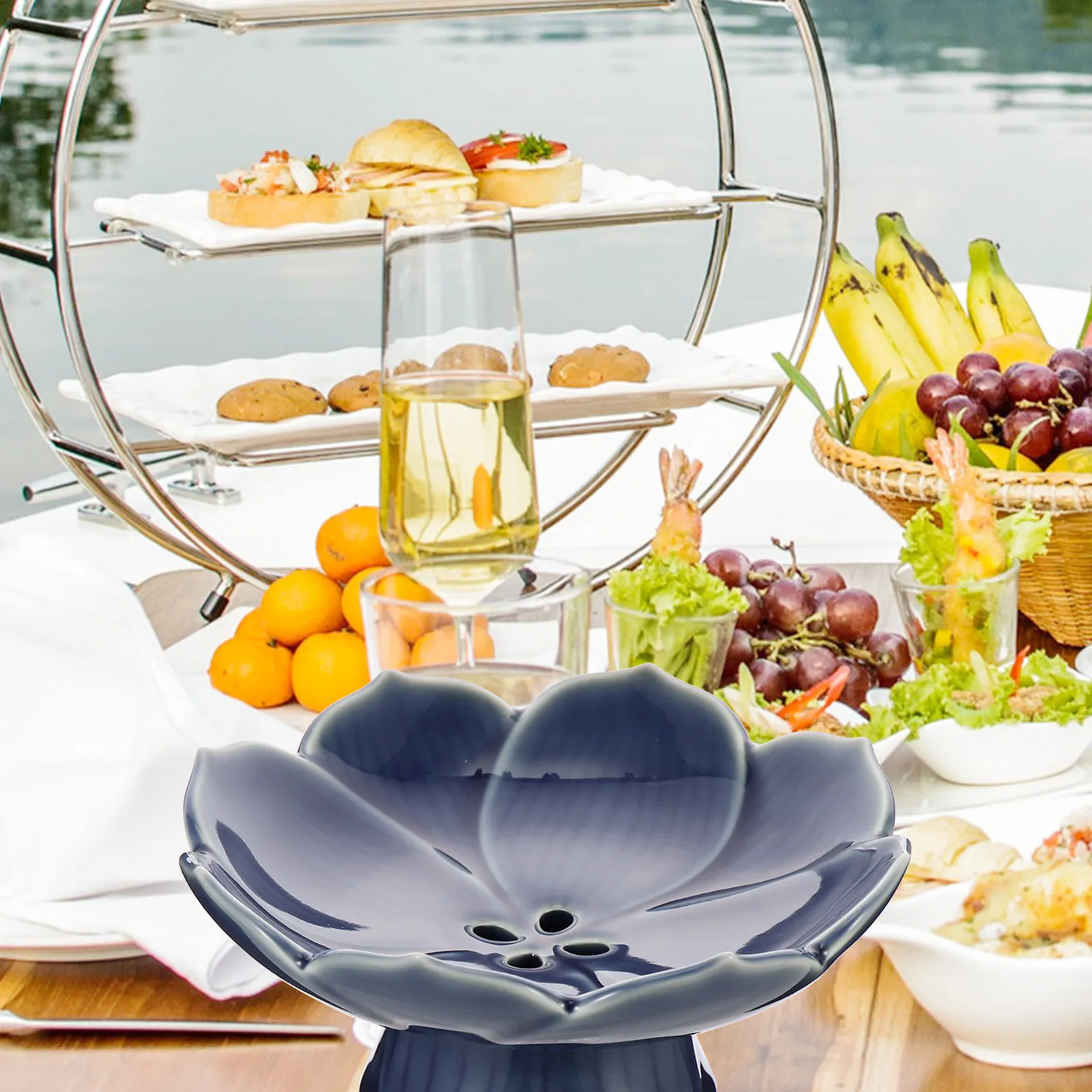 Footed Lotus Design Ceramic Fruit Bowl Lightweight Easy Clean Storage Friendly for Fruits Snacks Desserts Kitchen Counter