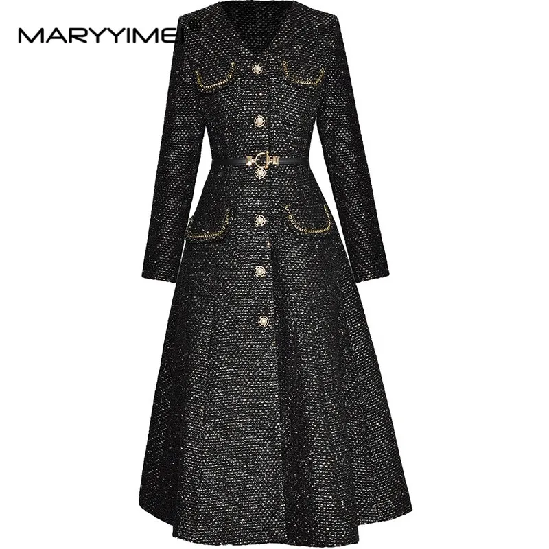 MARYYIMEI Autumn Winter Women\'s Coat V-Neck Long Sleeved Single-breasted Lace-Up Fashion Runway Black Overcoat