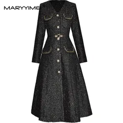 MARYYIMEI Autumn Winter Women's Coat V-Neck Long Sleeved Single-breasted Lace-Up Fashion Runway Black Overcoat