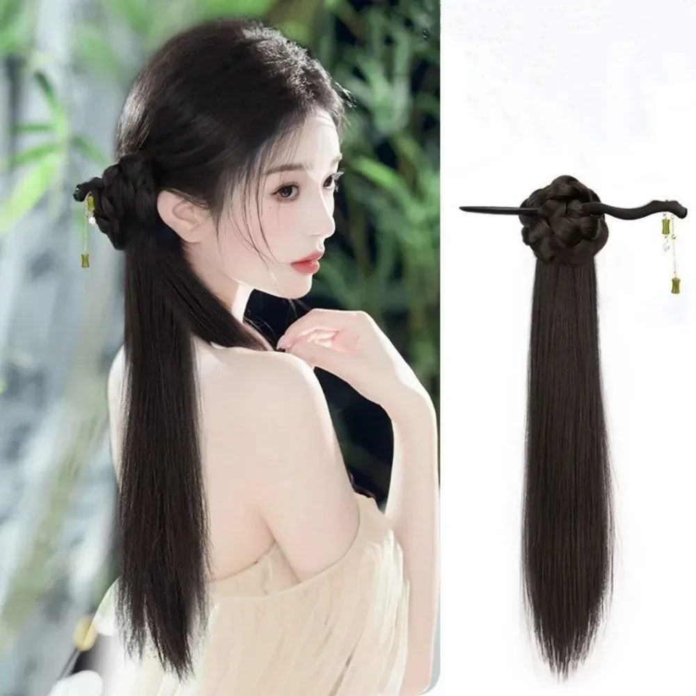 Chinese Ancient Style Bamboo Hairpin Synthetic Wig Long Simulation Ponytail Fake Hair Cheongsam Hairwear