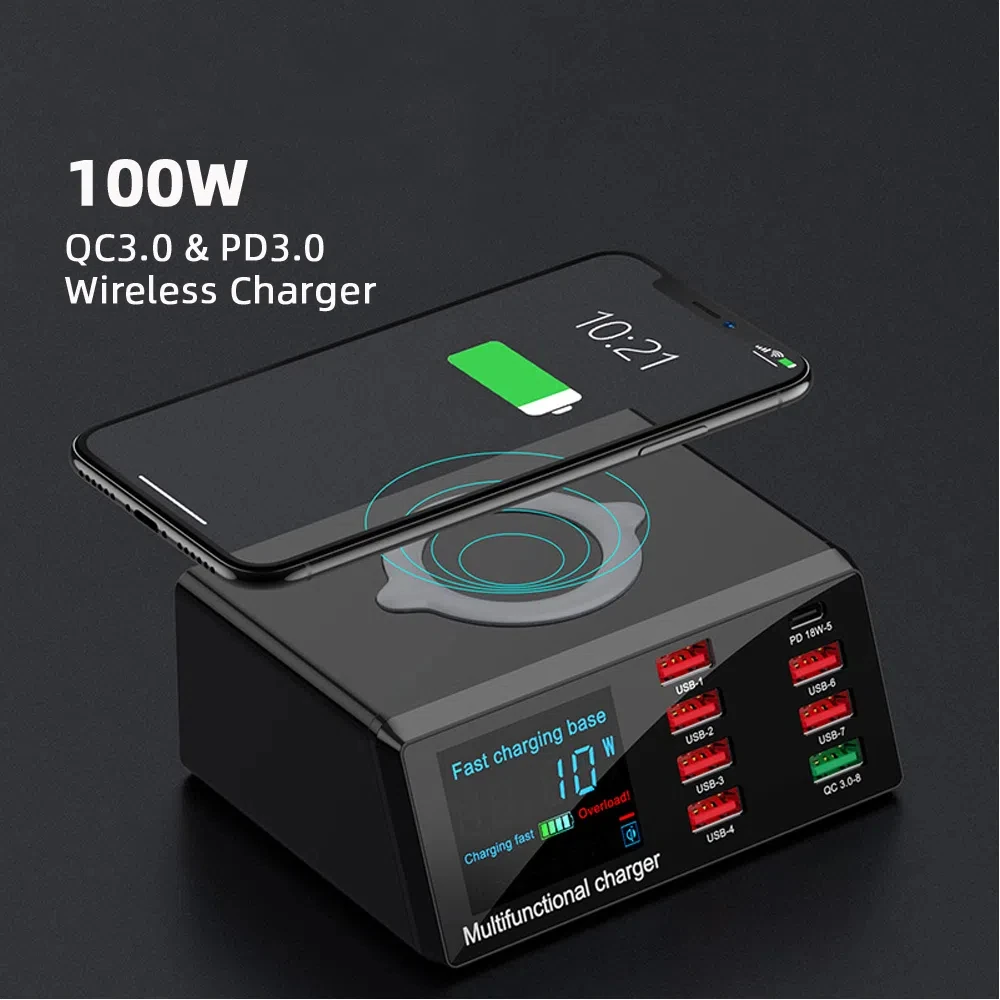 

AIXXCO USB Charger Station 8 Ports 100W With Wireless Charging QC3.0 PD3.0 Quick Charge For iPhone Samsung Xiaomi PD CHARGER