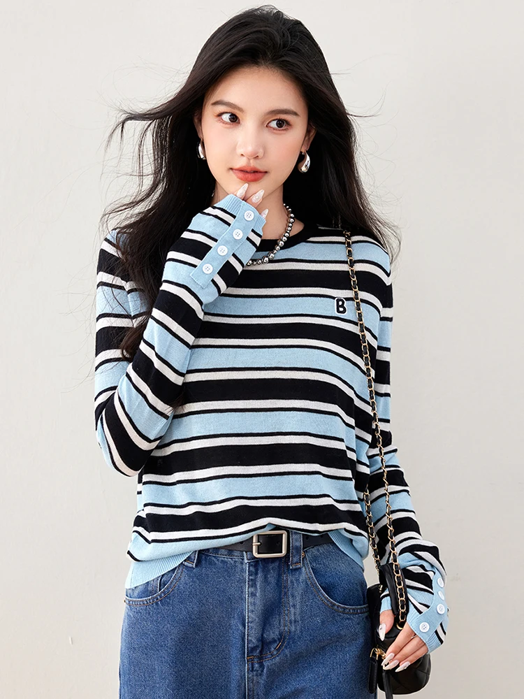 2024 Autumn New Striped Knit Sweaters Women Korean Style Long Sleeve Pullover Contrast Color Chic O-Neck Tops