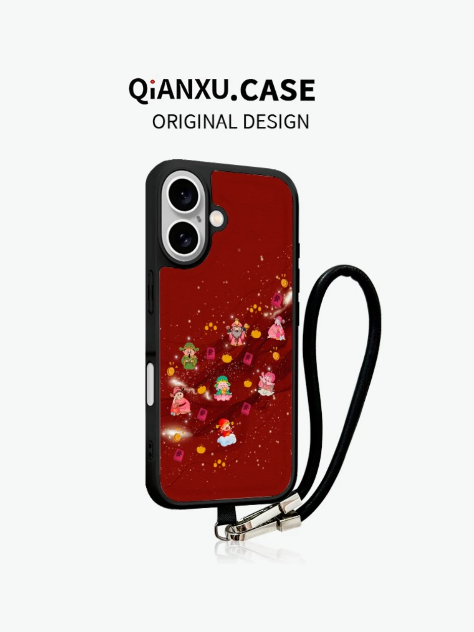 

QX Leather Phone Case with Chain Bracelet for 16 pro Max Women's High-End Sensation Wealth God Pattern Mobile Phone Cover