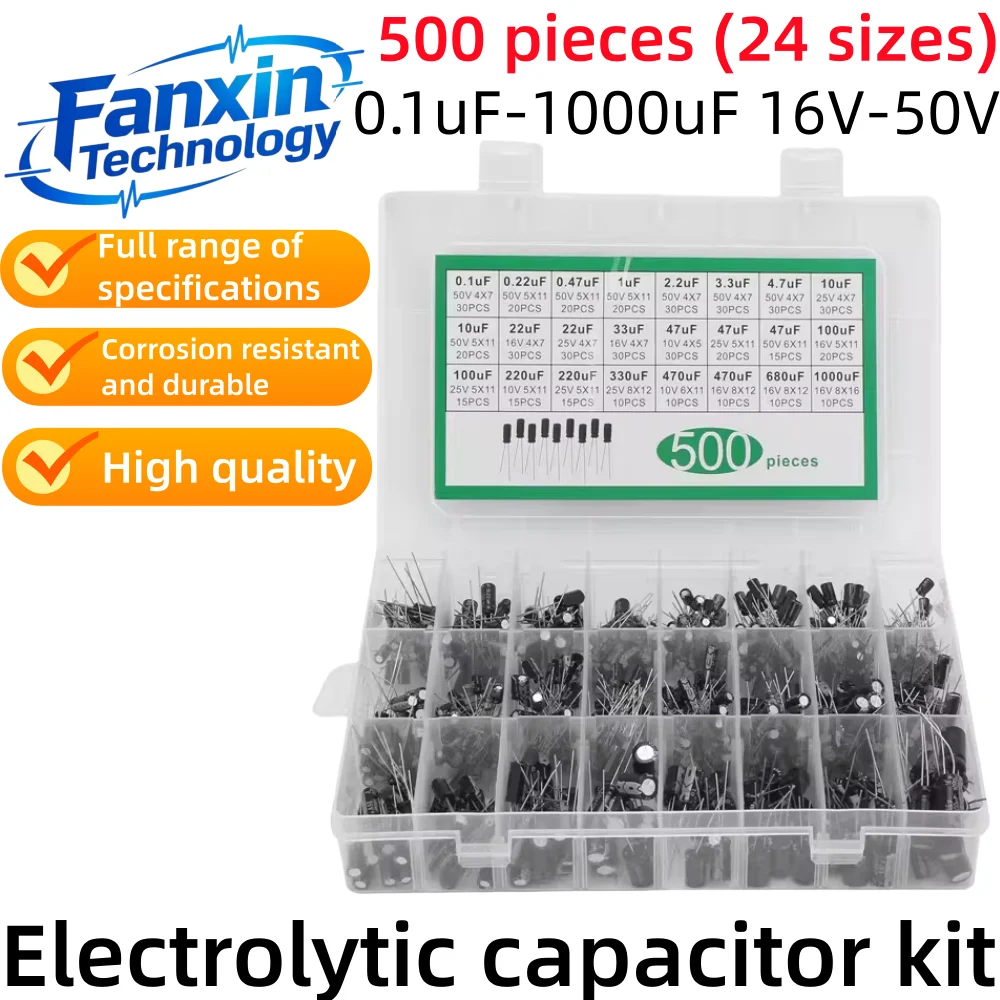 500PCS,Electrolytic Capacitor Mixed DIP Electrolyte Capacitors 50v 25V 16V 10V Electronic Kit 0.1uF-1000uf 24Values elektronika