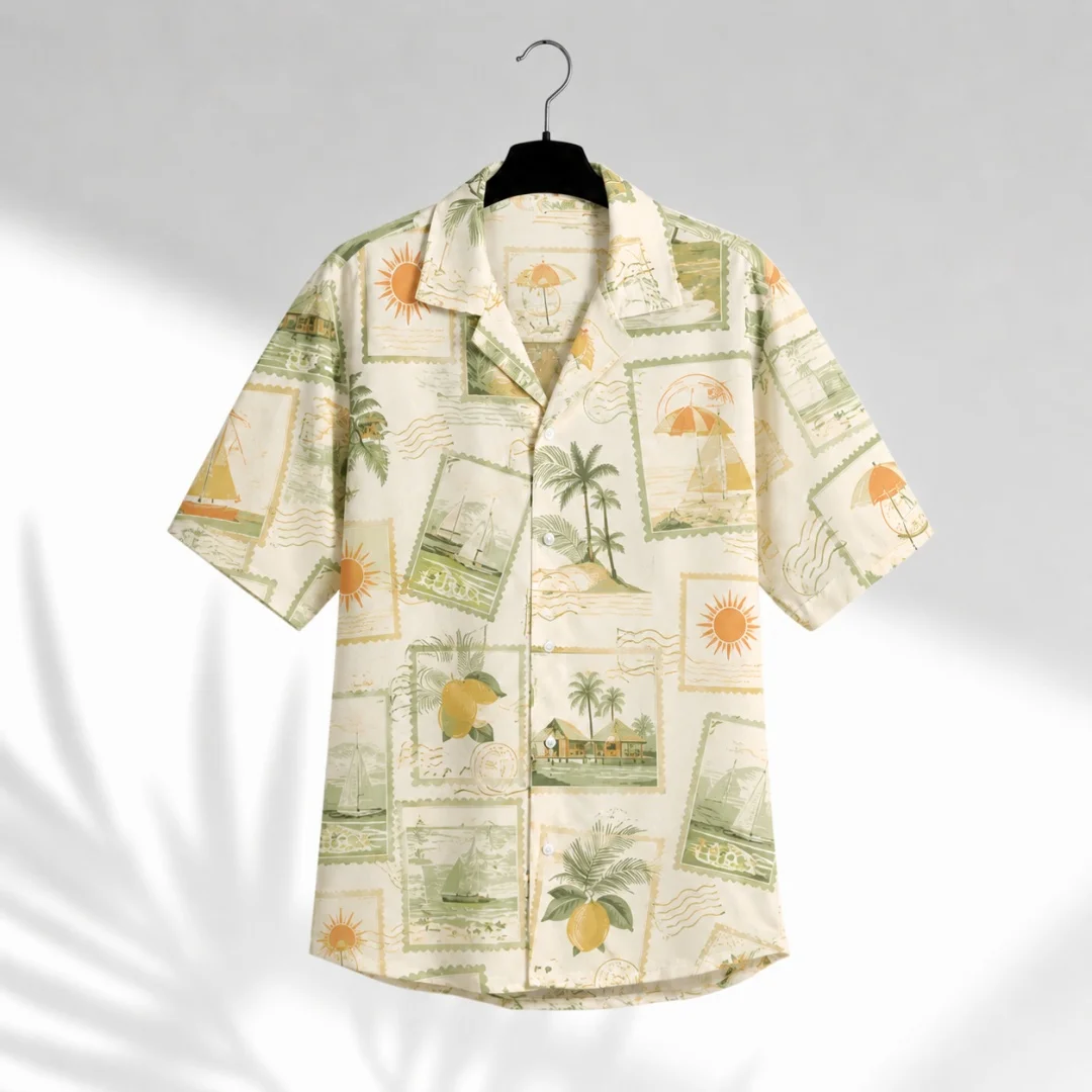 Men Hawaiian 2‑Piece Set Vintage Postcard Stamp Island Palm Tree Mango Print Short‑Sleeve Shirt Women Summer Vacation Outfit