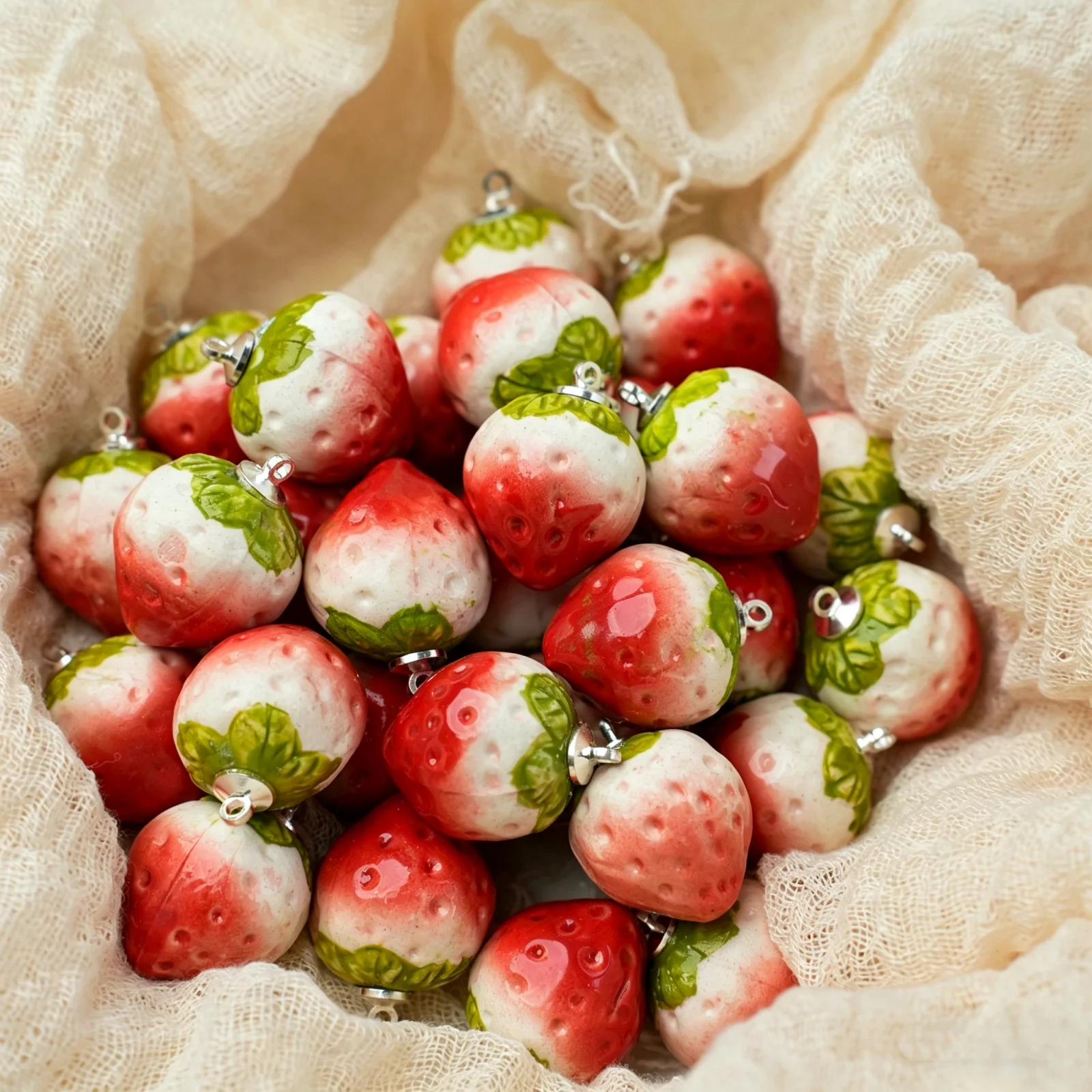 5pcs Handmade Ceramic Strawberry Pendant, Fruit Charms, DIY Bracelet Necklace Earring Findings