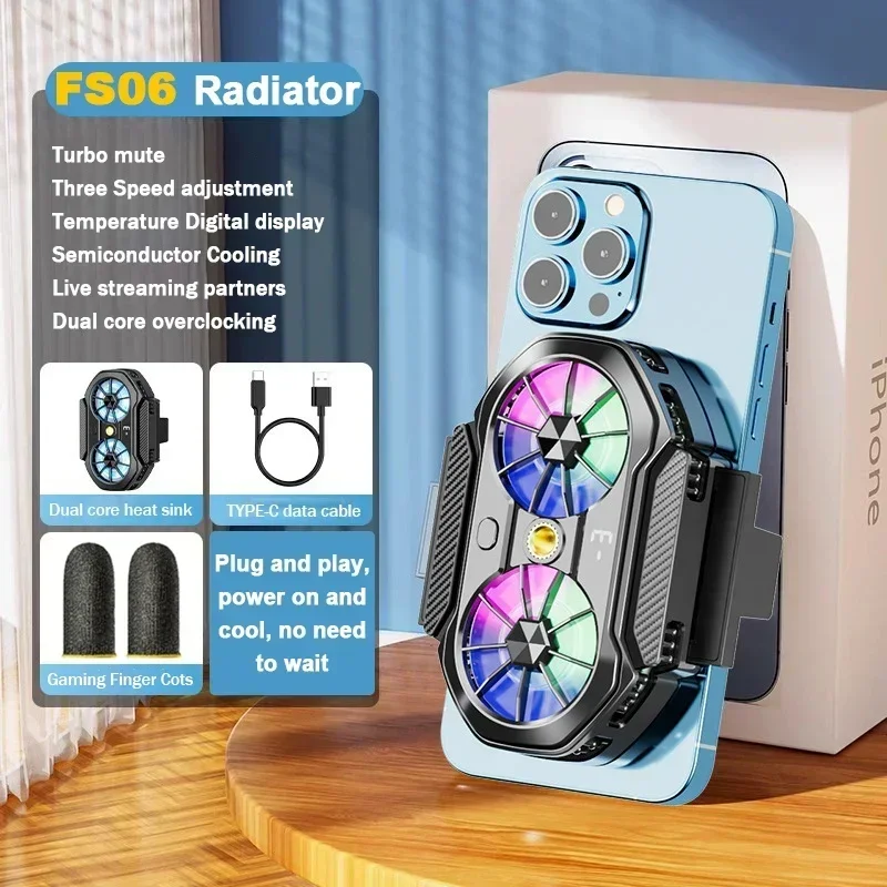 FS06 Mobile Phone Cooler Semiconductor Cooling Dual Fan Radiator for IOS Android PUBG Live Streaming Back-clip Cool Heat Sink